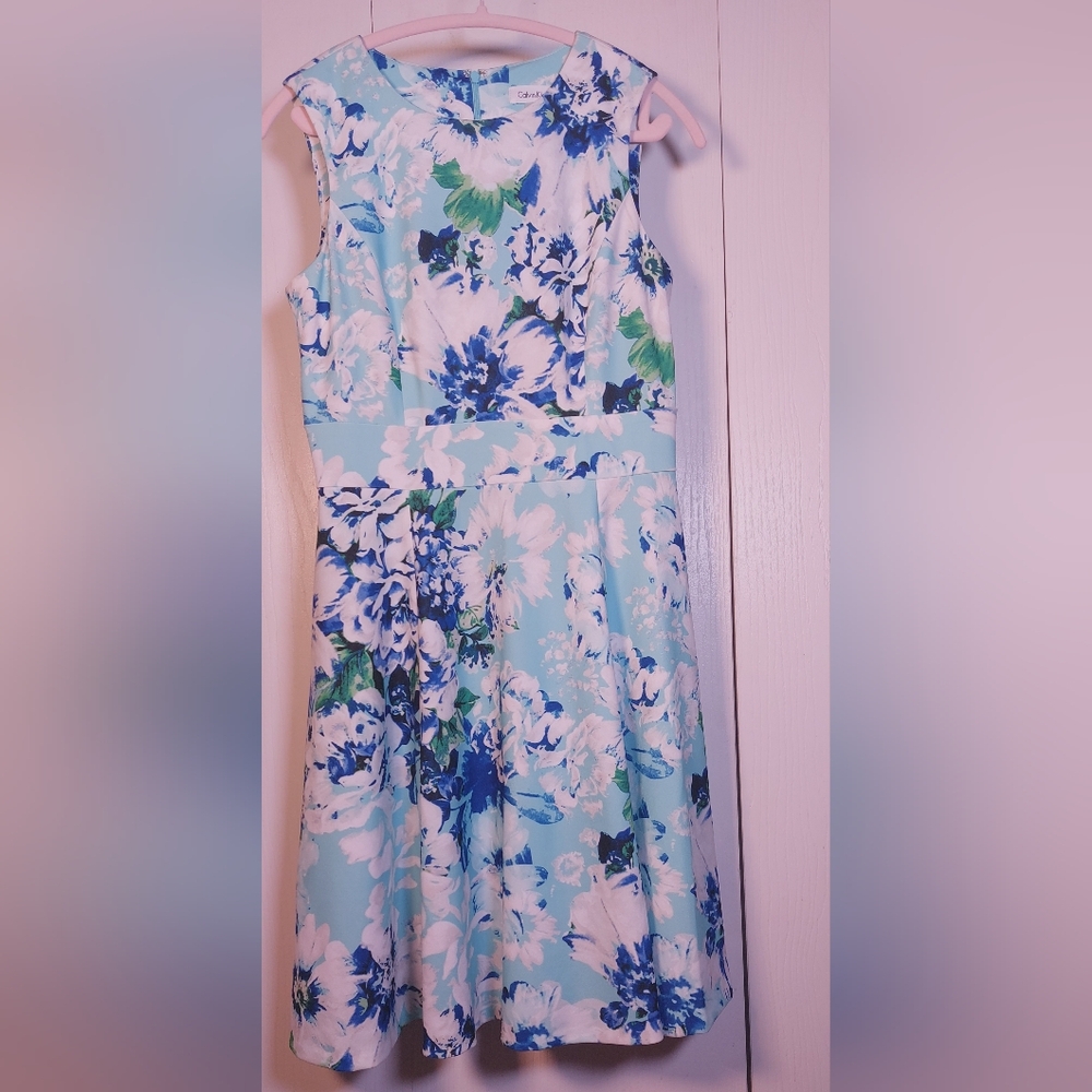 Calvin Klein Floral Sleeveless Fit and Flare Dress Size 8 Green Blue Sea Glass - Picture 14 of 14